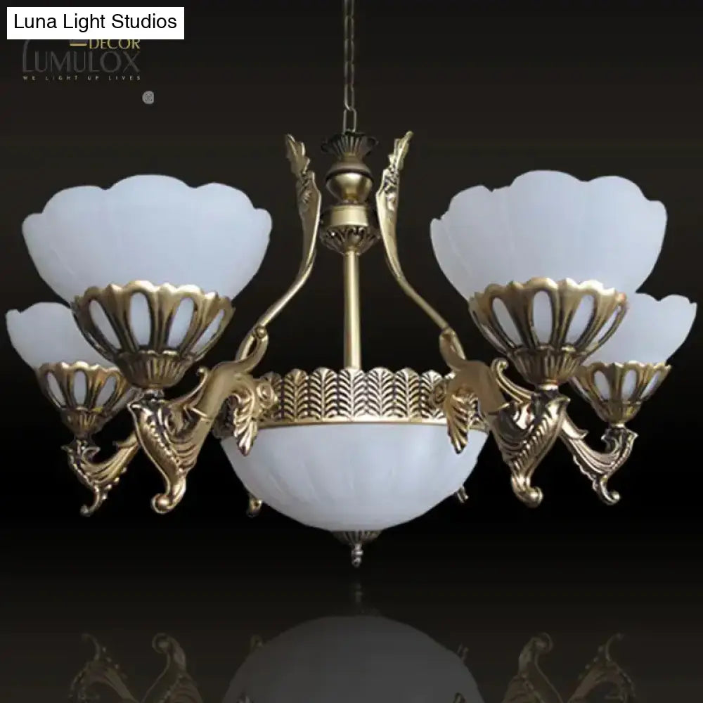 Scalloped Living Room Ceiling Pendant Traditional White Glass 9-Head Brass Finish Chandelier