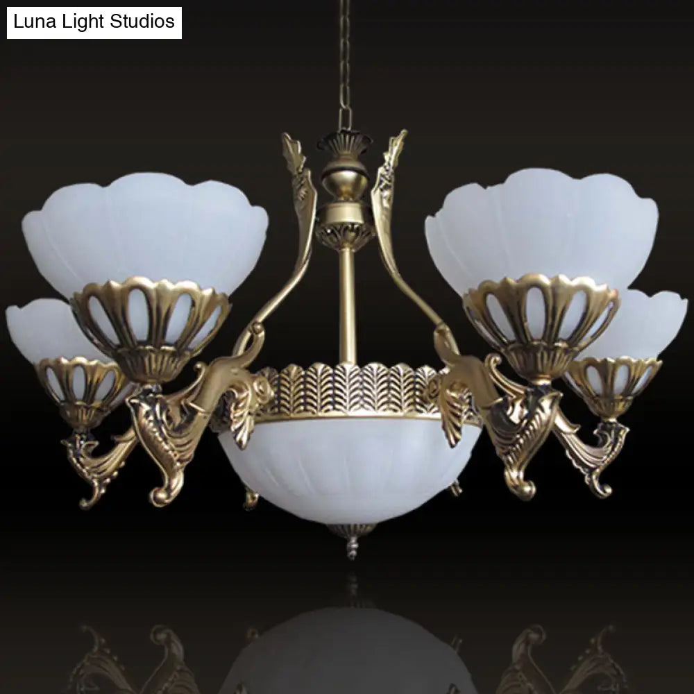 Classic Scalloped Glass Pendant Chandelier 9-Head Brass Finish For Living Room Ceiling