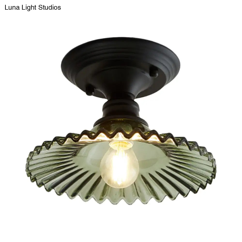 Scalloped Semi Flush Industrial Clear/Green Ribbed Glass Lighting Fixture For Indoor Spaces - One