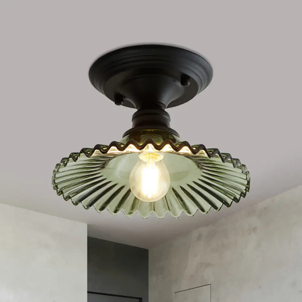 Scalloped Semi Flush Industrial Clear/Green Ribbed Glass Lighting Fixture For Indoor Spaces - One
