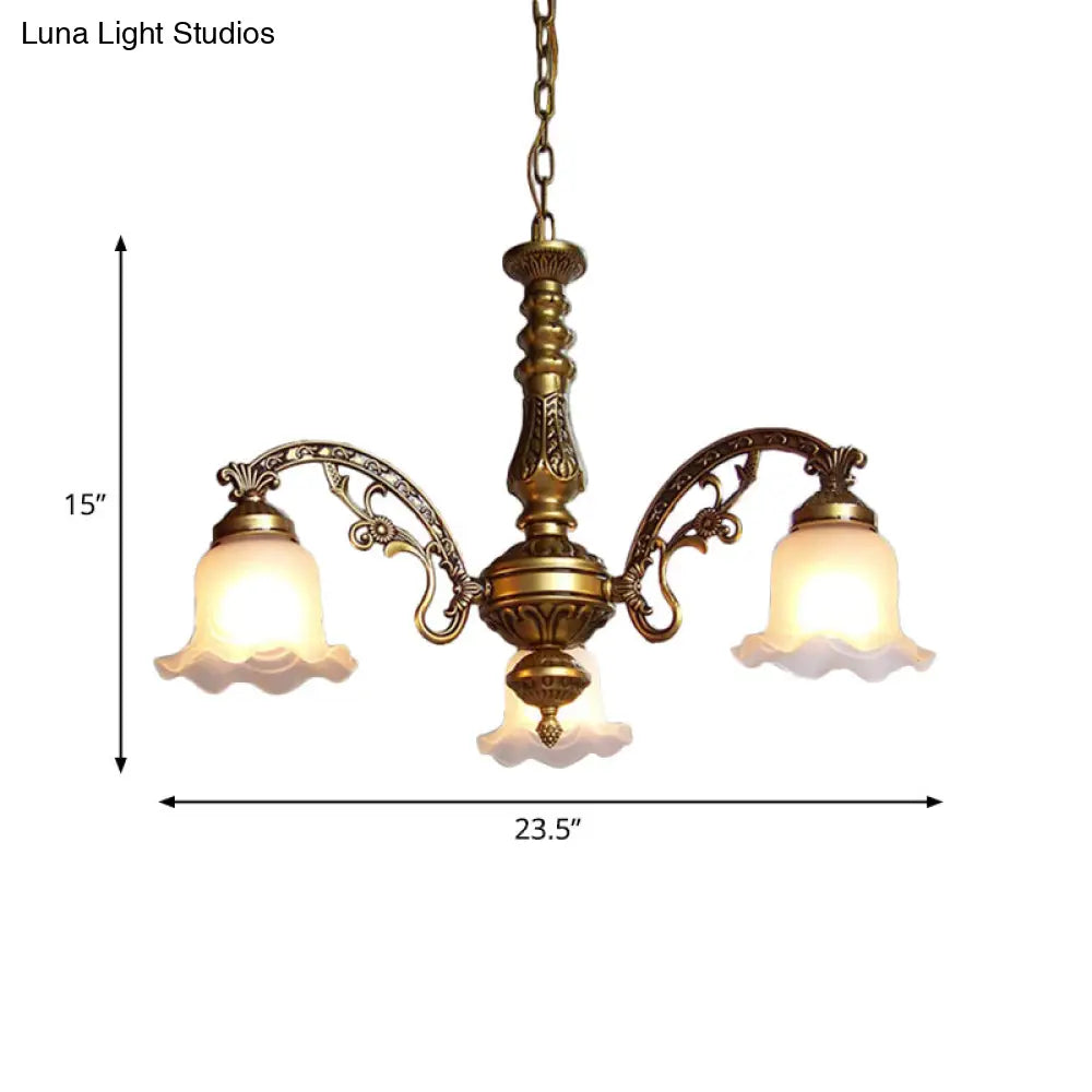 Scalloped Shade Brass Ceiling Chandelier With Frosted Textured Glass - Perfect For Dining Rooms 3/6