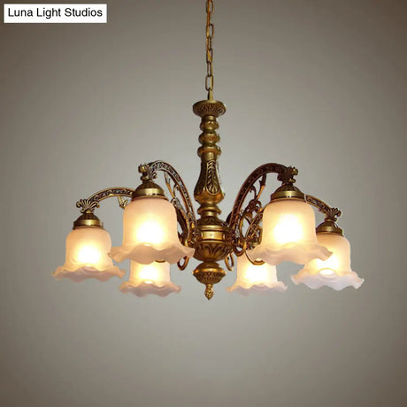 Scalloped Shade Brass Ceiling Chandelier With Frosted Textured Glass - Perfect For Dining Rooms 3/6