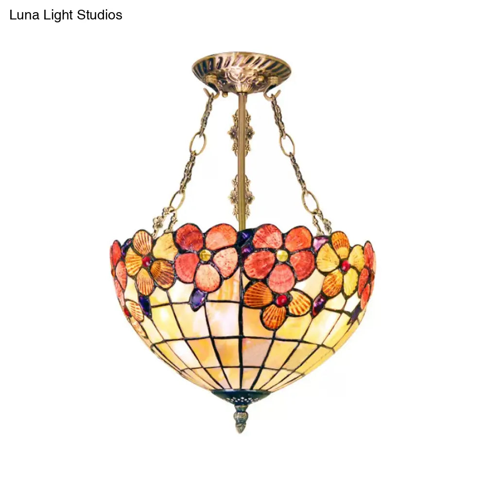 Scalloped Shade Semi Flush Stained Glass Ceiling Light Retro Style 12’/16’/20.5’ W