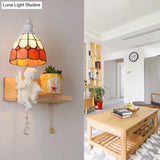 Scalloped Stained Glass Wall Sconce With Cupid Decoration - Tiffany 1-Light Fixture In Multicolor