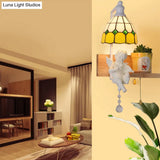 Scalloped Stained Glass Wall Sconce With Cupid Decoration - Tiffany 1-Light Fixture In Multicolor
