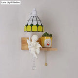 Scalloped Stained Glass Wall Sconce With Cupid Decoration - Tiffany 1-Light Fixture In Multicolor
