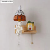 Scalloped Stained Glass Wall Sconce With Cupid Decoration - Tiffany 1-Light Fixture In Multicolor
