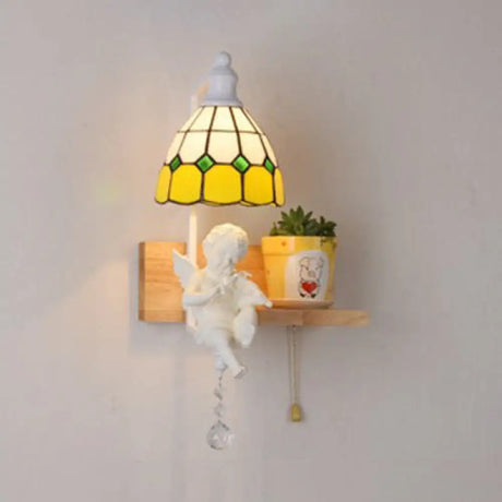 Scalloped Stained Glass Wall Sconce With Cupid Decoration - Tiffany 1-Light Fixture In Multicolor
