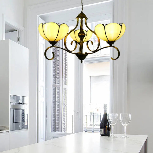 Scalloped Tiffany Chandelier: Yellow/Blue Stained Glass 3/6/8 Lights Hanging Fixture 3 / Yellow