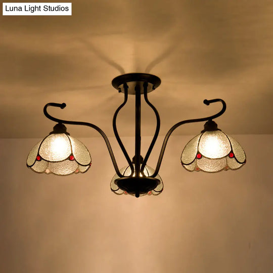Scalloped Tiffany Stained Glass Semi Flush Light With 3 Heads In Clear/Blue