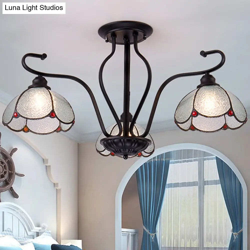 Scalloped Tiffany Stained Glass Semi Flush Light With 3 Heads In Clear/Blue Clear