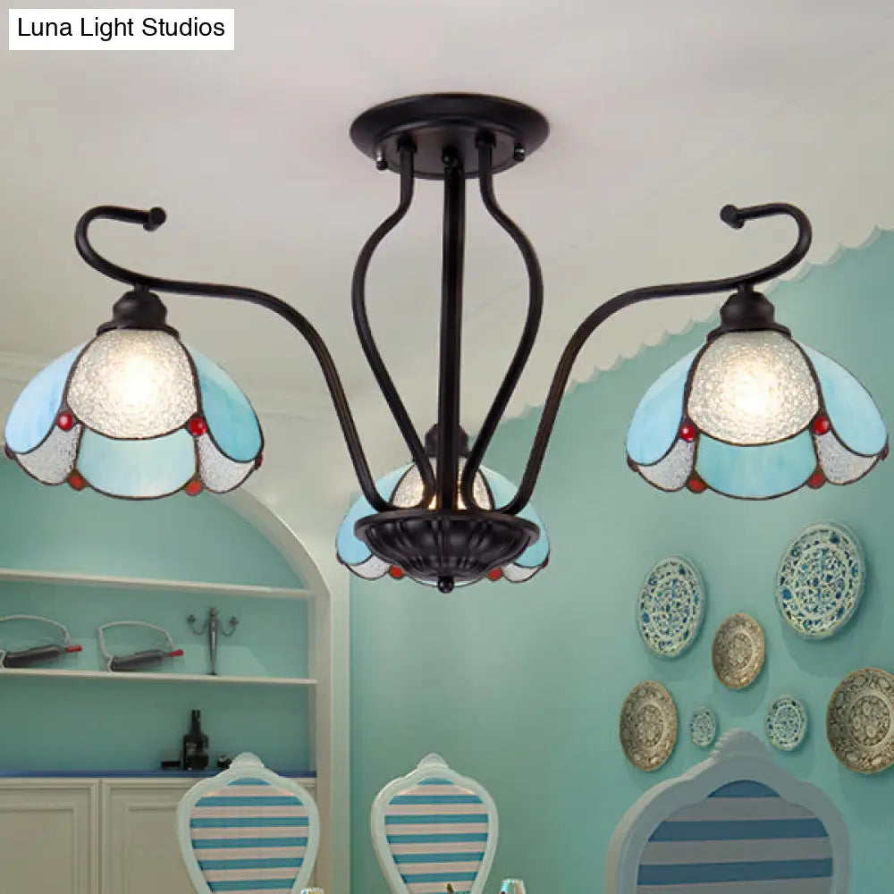 Scalloped Tiffany Stained Glass Semi Flush Light With 3 Heads In Clear/Blue Blue