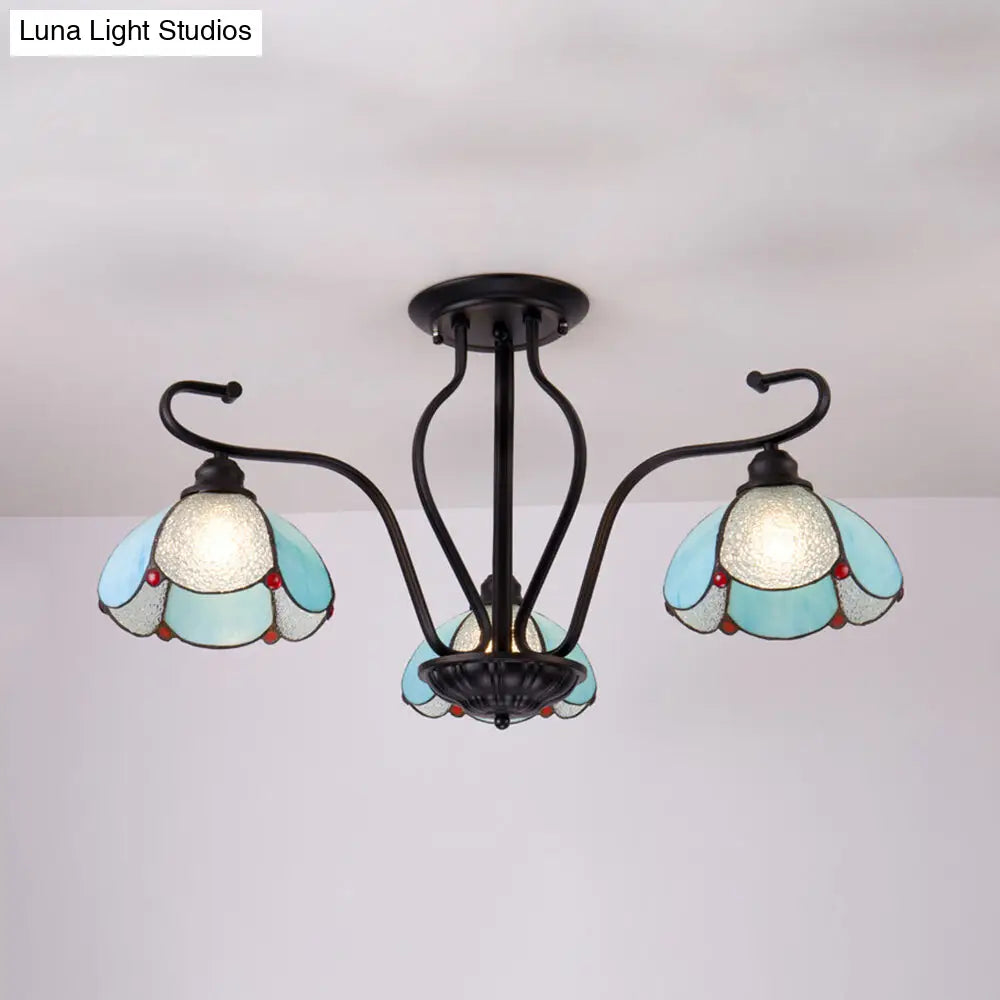 Scalloped Tiffany Stained Glass Semi Flush Light With 3 Heads In Clear/Blue