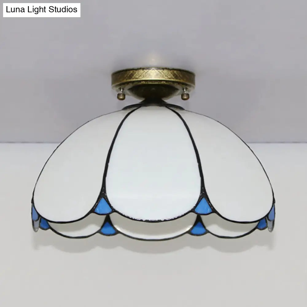 Scalloped Vintage Stained Glass Flush Mount Light - 1 In White/Beige/Blue Perfect For Living Room