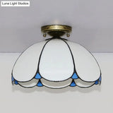 Scalloped Vintage Stained Glass Flush Mount Light - 1 In White/Beige/Blue Perfect For Living Room