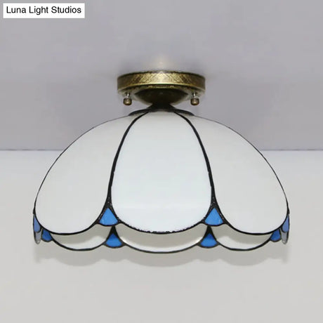 Scalloped Vintage Stained Glass Flush Mount Light - 1 In White/Beige/Blue Perfect For Living Room