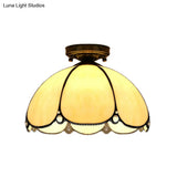 Scalloped Vintage Stained Glass Flush Mount Light - 1 In White/Beige/Blue Perfect For Living Room