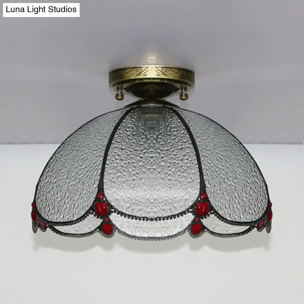 Scalloped Vintage Stained Glass Flush Mount Light - 1 In White/Beige/Blue Perfect For Living Room