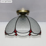 Scalloped Vintage Stained Glass Flush Mount Light - 1 In White/Beige/Blue Perfect For Living Room