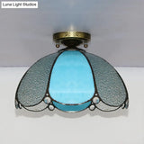 Scalloped Vintage Stained Glass Flush Mount Light - 1 In White/Beige/Blue Perfect For Living Room