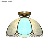 Scalloped Vintage Stained Glass Flush Mount Light - 1 In White/Beige/Blue Perfect For Living Room