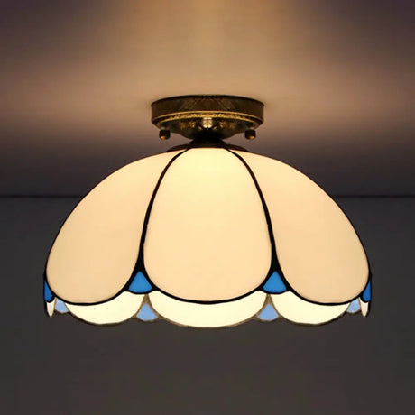 Scalloped Vintage Stained Glass Flush Mount Light - 1 In White/Beige/Blue Perfect For Living Room