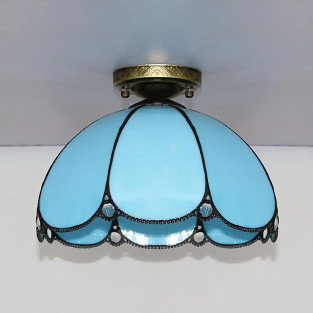 Scalloped Vintage Stained Glass Flush Mount Light - 1 In White/Beige/Blue Perfect For Living Room