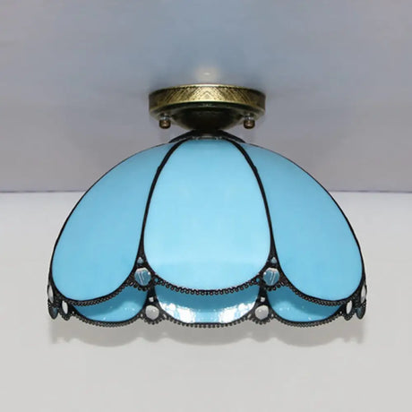 Scalloped Vintage Stained Glass Flush Mount Light - 1 In White/Beige/Blue Perfect For Living Room