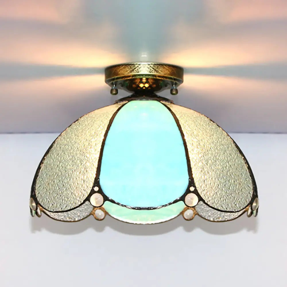 Scalloped Vintage Stained Glass Flush Mount Light - 1 In White/Beige/Blue Perfect For Living Room
