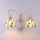 Scalloped Wall Sconce Light With Leaf Pattern - 2 Lights Stained Glass Loft Lighting Blue/Beige