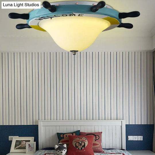 Seaside Metal Flush Ceiling Light: Steering Wheel Design White Finish Blue