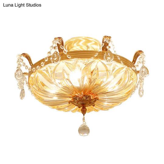 Semi Flush Amber Crystal Glass Brass 5-Bulb Modern Light Fixture For Bedroom