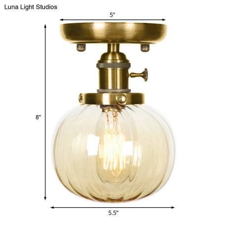 Semi Flush Bronze Globe Round Ceiling Light With Industrial Clear/Amber Glass - 1 - Light Fixture