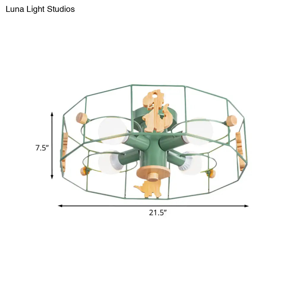 Semi Flush Cartoon Iron Drum Frame Light With 4 Green Lights - Close To Ceiling Lamp