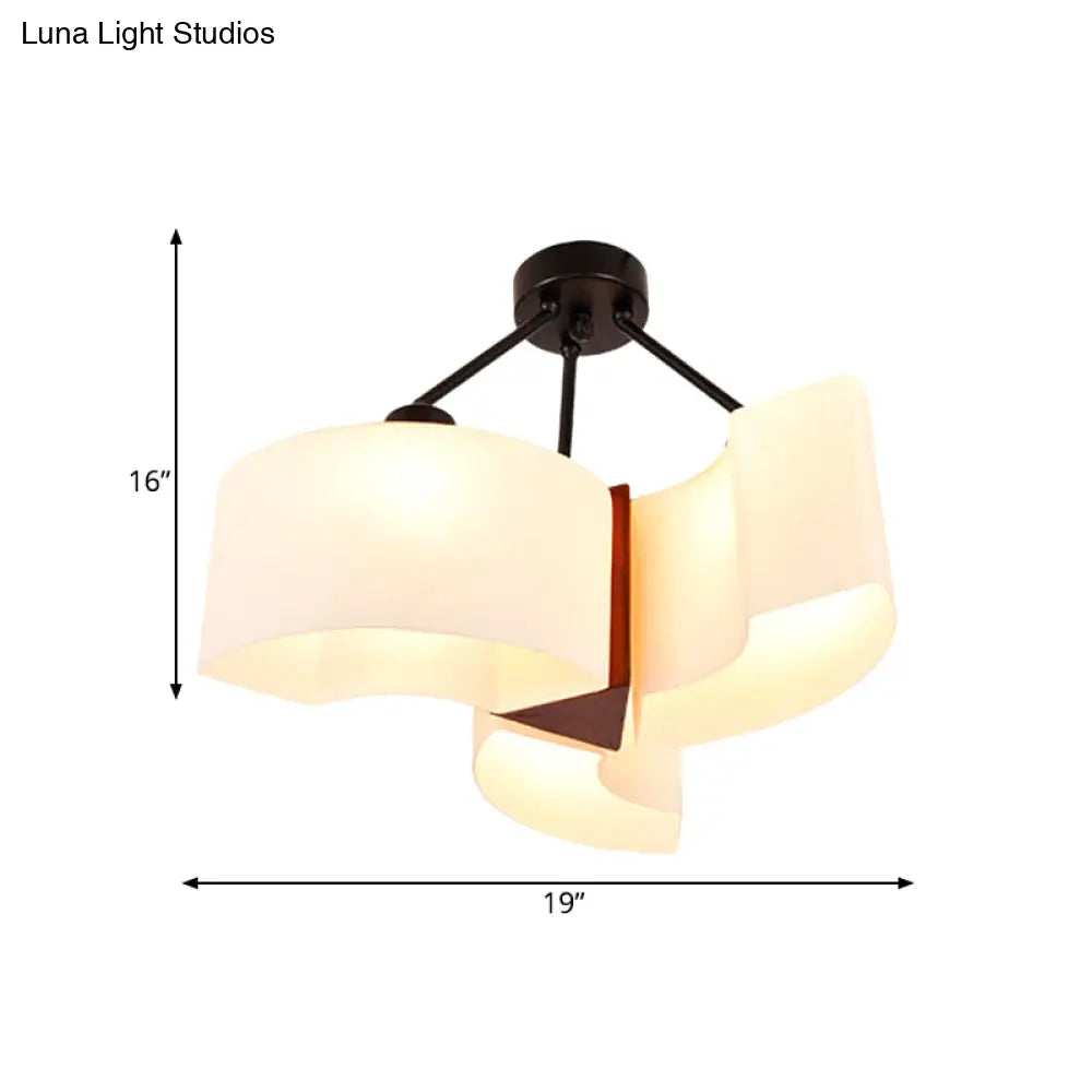 Semi Flush Ceiling Light: 3-Light Twisted Shade With Classic White Glass & Wood Design