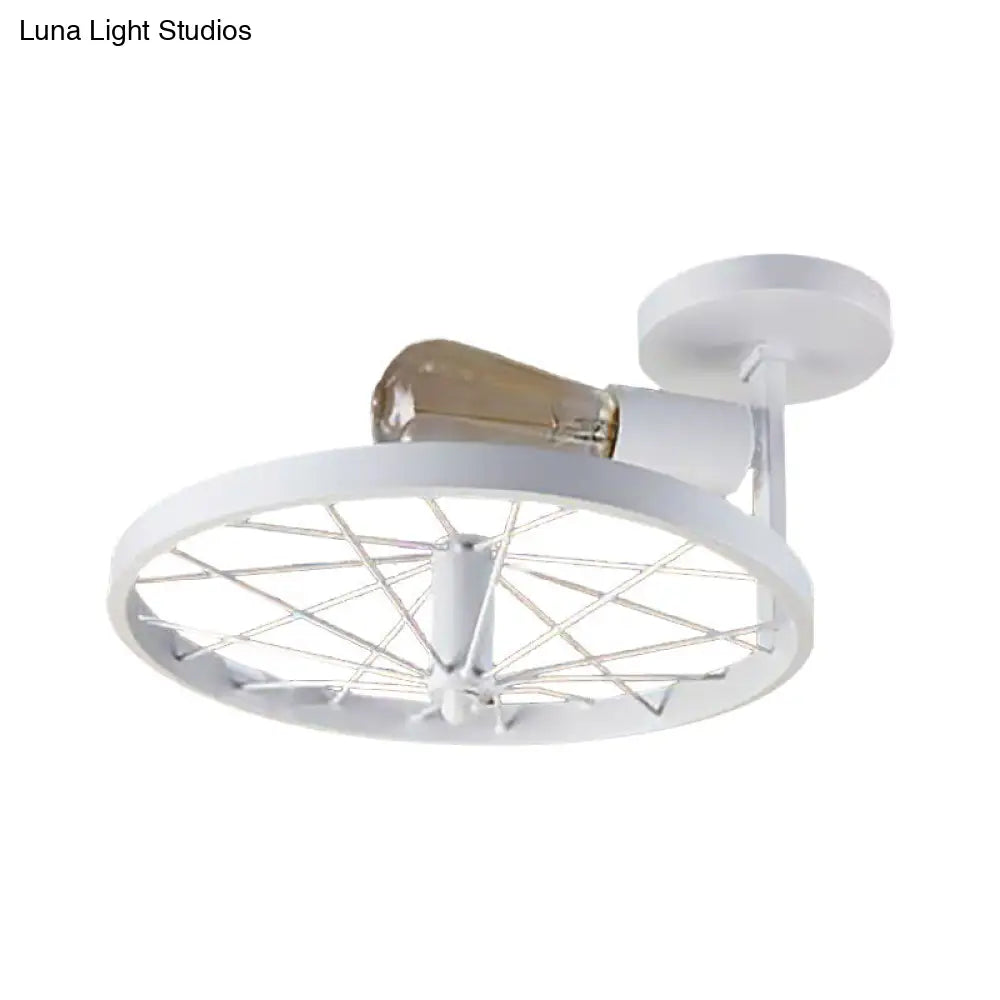 Semi-Flush Ceiling Light With Exposed Bulb Industrial Wheel Design In White/Red Metallic