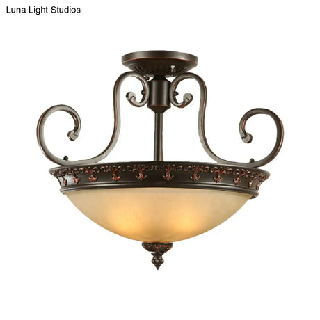 Semi Flush Corridor Ceiling Lamp With Frosted Glass Bowl Shade Traditional Brown 3-Light