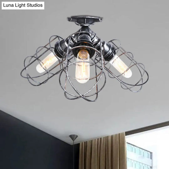 Semi Flush Farmhouse Pendant Light Rustic Wrought Iron With Wire Frame 3 Lights Bronze/Aged Silver