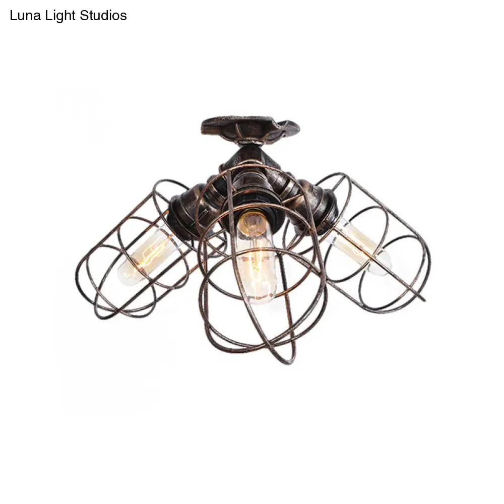 Semi Flush Farmhouse Pendant Light – Rustic Wrought Iron With Wire Frame 3 Lights Bronze/Aged Silver