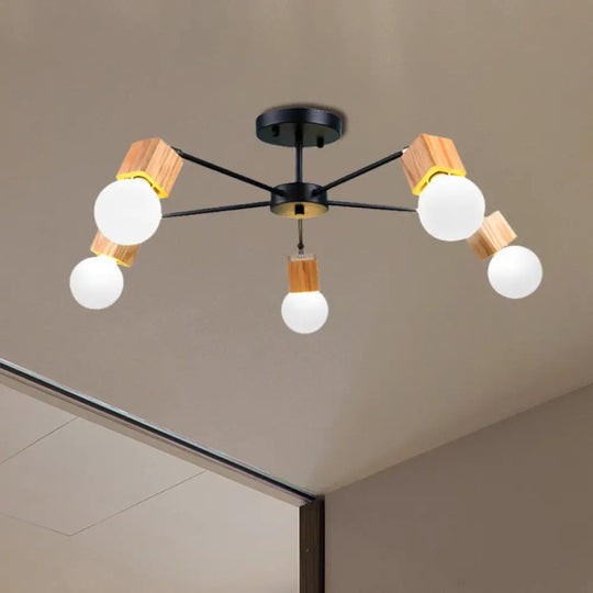 Semi Flush Industrial Ceiling Lamp With Wood Accents - 3/5-Light Metal Open Bulb Fixture For