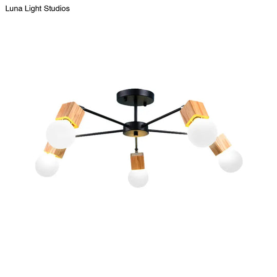 Semi Flush Industrial Ceiling Lamp With Wood Accents - 3/5-Light Metal Open Bulb Fixture For Bedroom