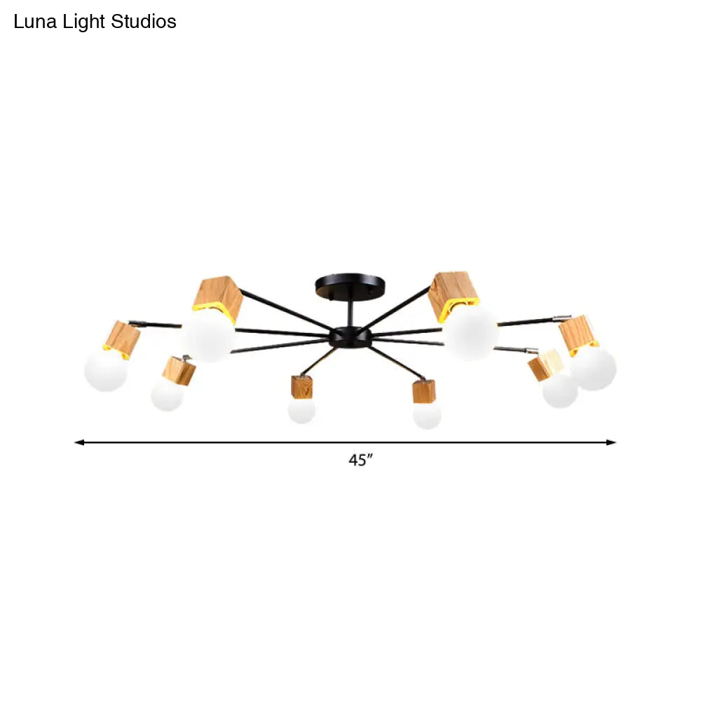 Semi Flush Industrial Ceiling Lamp With Wood Accents - 3/5-Light Metal Open Bulb Fixture For Bedroom
