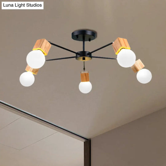 Semi Flush Industrial Ceiling Lamp With Wood Accents - 3/5-Light Metal Open Bulb Fixture For Bedroom