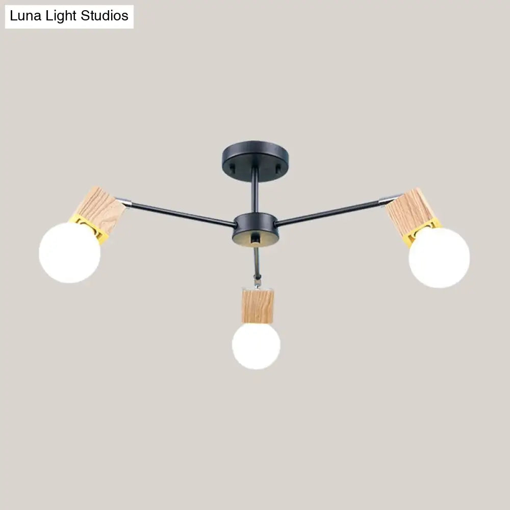 Semi Flush Industrial Ceiling Lamp With Wood Accents - 3/5-Light Metal Open Bulb Fixture For Bedroom