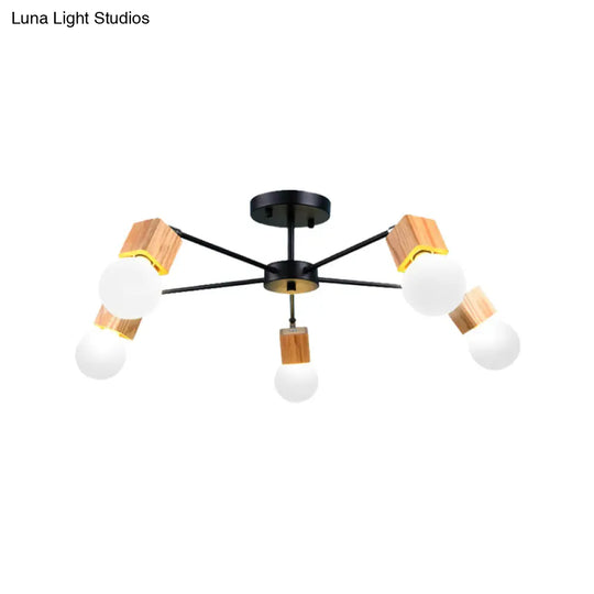 Semi Flush Industrial Ceiling Lamp With Wood Accents - 3/5-Light Metal Open Bulb Fixture For Bedroom