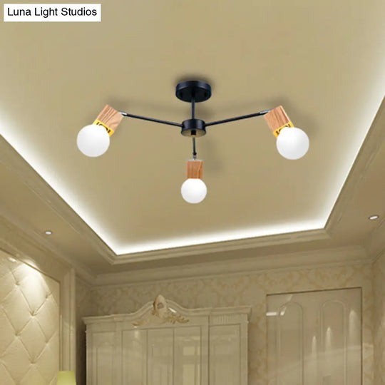 Semi Flush Industrial Ceiling Lamp With Wood Accents - 3/5-Light Metal Open Bulb Fixture For Bedroom
