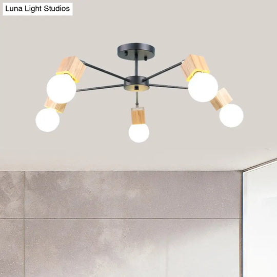 Semi Flush Industrial Ceiling Lamp With Wood Accents - 3/5-Light Metal Open Bulb Fixture For Bedroom