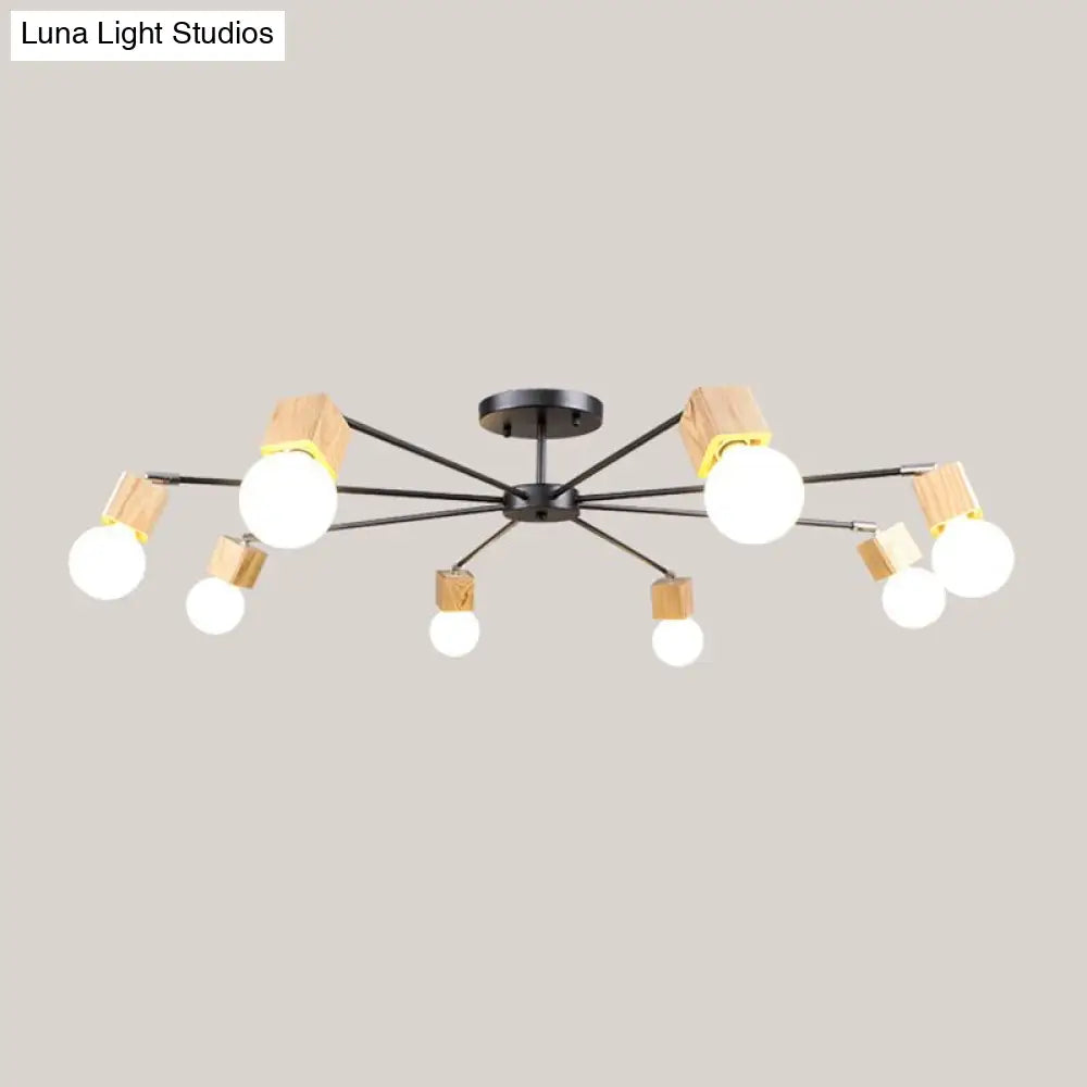 Semi Flush Industrial Ceiling Lamp With Wood Accents - 3/5-Light Metal Open Bulb Fixture For Bedroom