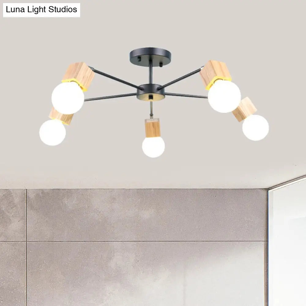 Semi Flush Industrial Ceiling Lamp With Wood Accents - 3/5-Light Metal Open Bulb Fixture For Bedroom