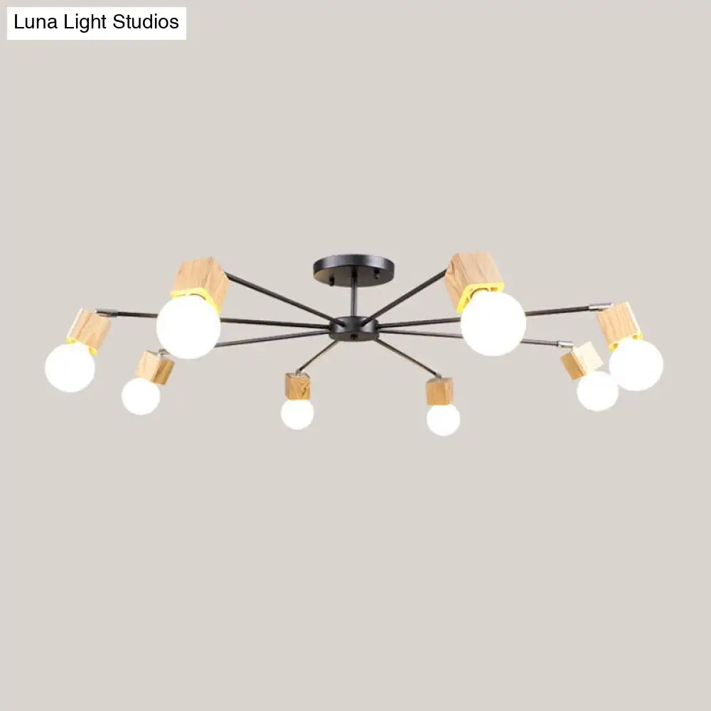 Semi Flush Industrial Ceiling Lamp With Wood Accents - 3/5-Light Metal Open Bulb Fixture For Bedroom